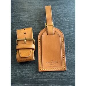 Authentic Louis Vuitton Vachetta Leather Name Luggage Tag And Poignet Set SN323